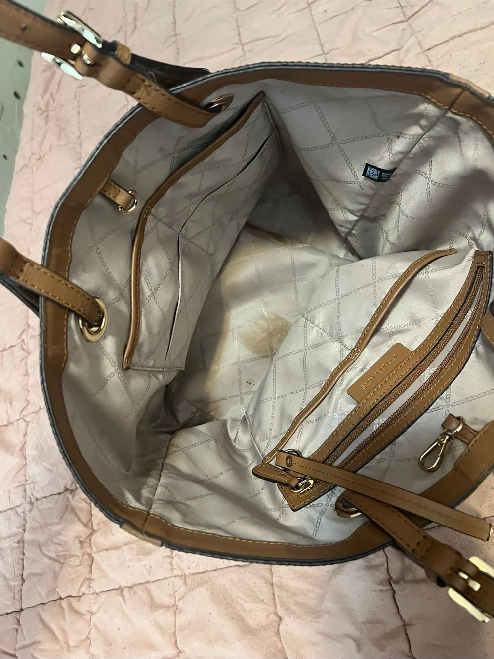 Michael Kors Brown Monogram Tote with Tan Leather Handles